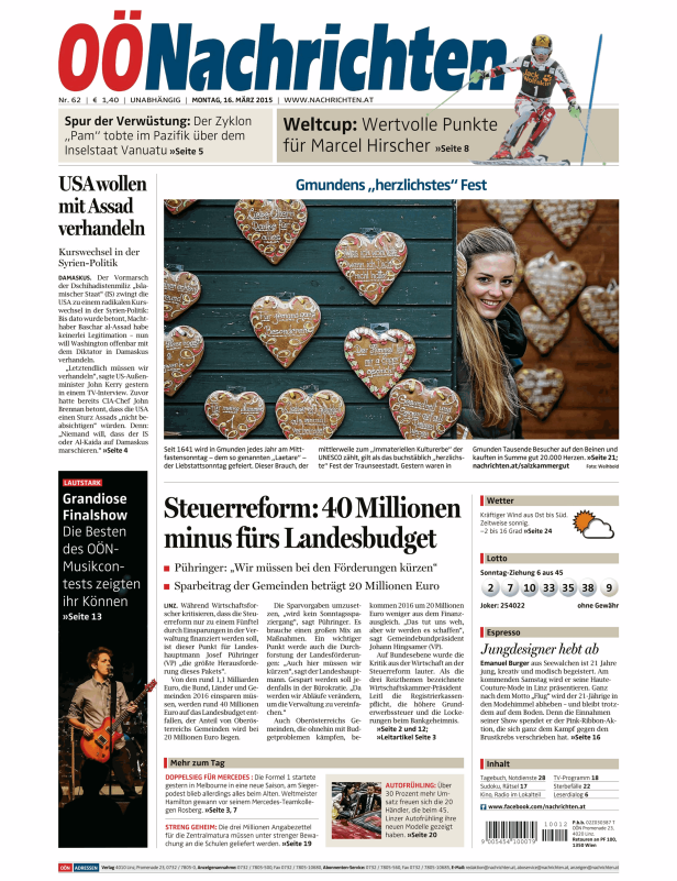 Titelseite der OÖNachrichten vom 16. März 2015 mit einem Artikel über das „herzlichste“ Fest in Gmunden.