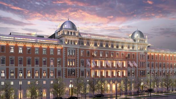 Das Palais Hansen Kempinski in Wien bei Dämmerung.