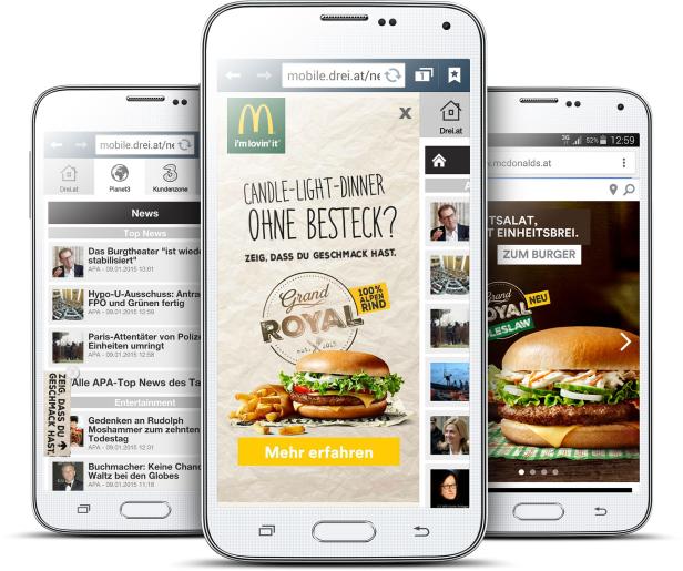 Drei Smartphones zeigen mobile Webseiten, darunter eine McDonald's-Werbung für den „Grand Royal Burger“.