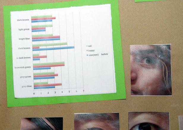 Ein Balkendiagramm vergleicht die Stimmung und Größe verschiedener Augenfarben.