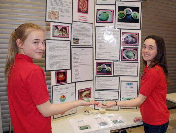 Zwei Mädchen präsentieren ein Wissenschaftsprojekt über Diamanten.