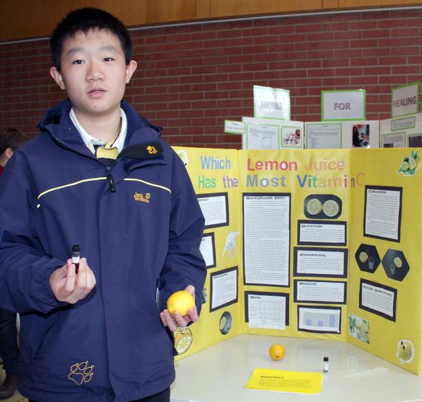 Ein Junge präsentiert ein Wissenschaftsprojekt über den Vitamin-C-Gehalt von Zitronensaft.