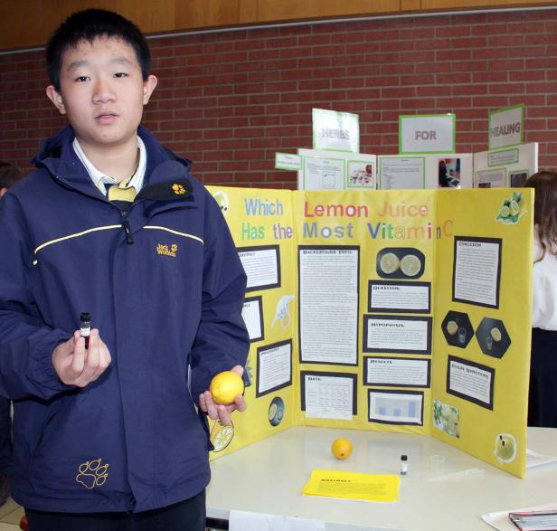 Ein Junge präsentiert sein Projekt über Zitronensaft und Vitamin C auf einer Wissenschaftsmesse.