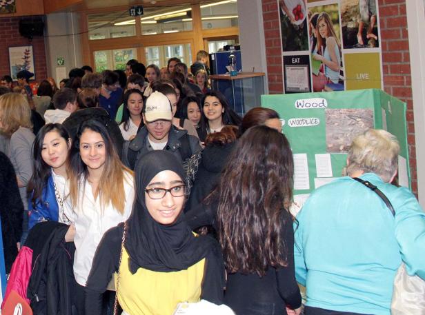 Eine Gruppe von Schülern steht vor einem Stand mit der Aufschrift „Woodlice“.