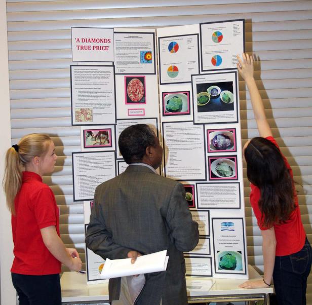 Drei Personen betrachten eine Präsentation mit dem Titel „A Diamonds True Price“.