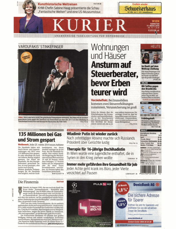 Titelseite der Zeitung „Kurier“ vom 17. März 2015.