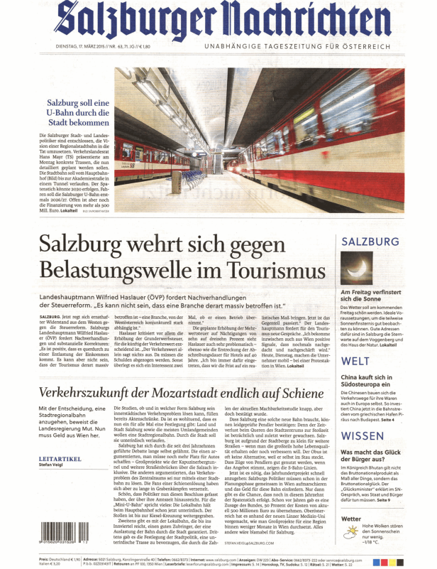 Titelseite der Salzburger Nachrichten vom 17. März 2015.