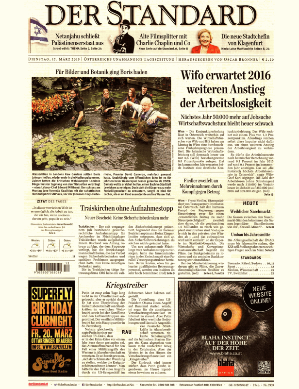 Titelseite der Zeitung „Der Standard“ vom 17. März 2015 mit einem Artikel über Boris Johnson im Wasser.