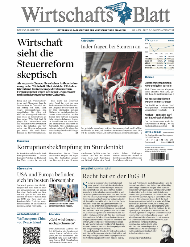 Titelseite des Wirtschaftsblatt vom 17. März 2015.