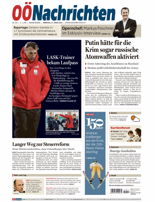 Titelseite der OÖNachrichten vom 17. März 2015 mit Artikeln über Politik und Sport.