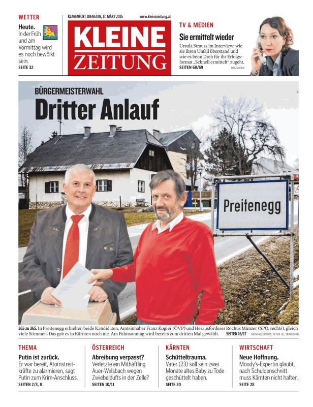 Titelseite der Kleinen Zeitung vom 17. März 2015 mit Bericht zur Bürgermeisterwahl in Preitenegg.