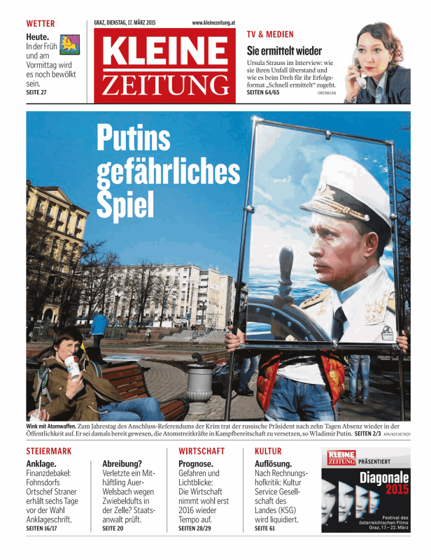 Titelseite der Kleinen Zeitung mit einem Bild von Wladimir Putin.