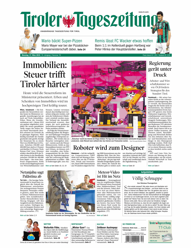 Titelseite der Tiroler Tageszeitung vom 17. März 2015.