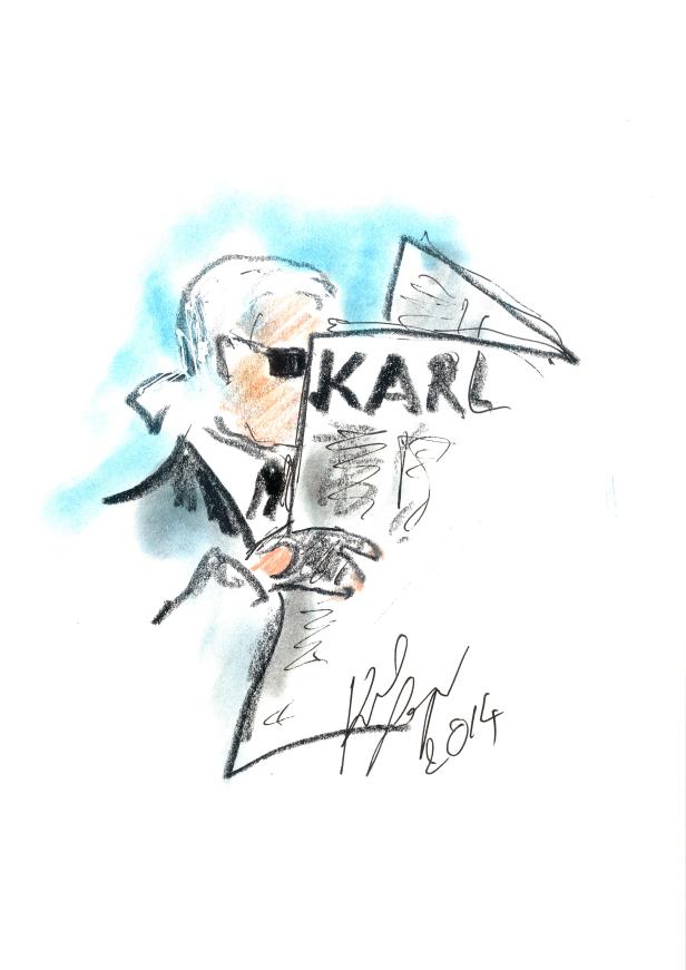 Eine Karikatur von Karl Lagerfeld mit Sonnenbrille, der eine Zeitung mit seinem Namen liest.