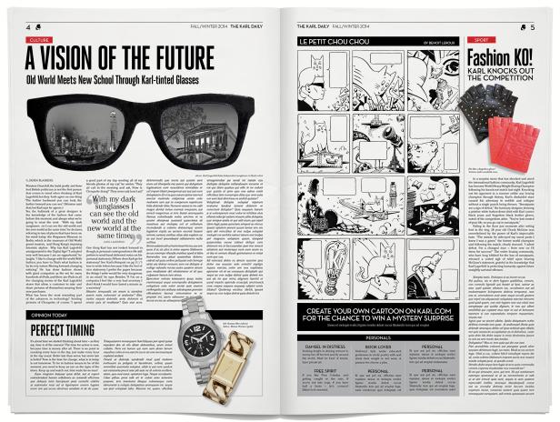 Eine Zeitungsseite mit Artikeln über Mode und Kultur, darunter eine Comic-Seite und eine Uhrenanzeige.