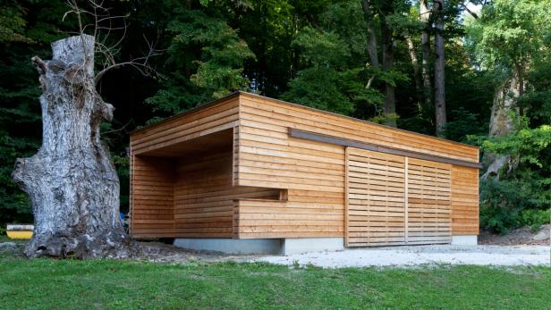 Ein modernes Holzgebäude steht neben einem alten Baumstumpf im Wald.