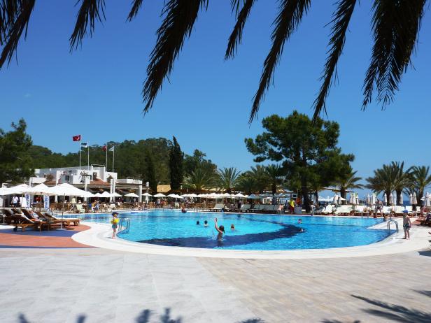 Ein Schwimmbad mit spielenden Menschen unter blauem Himmel und Palmen.