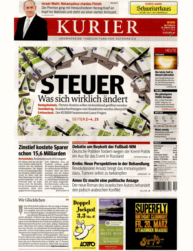 Titelseite des Kurier vom 18. März 2015 mit dem Titelthema „Steueränderungen“ und Euromünzen.