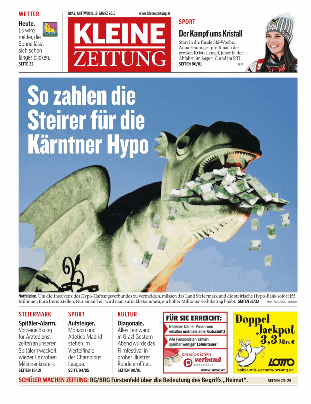 Eine steinerne Monsterfratze frisst einen Haufen Euroscheine.