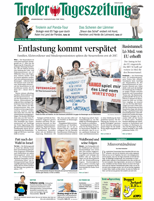 Titelseite der Tiroler Tageszeitung vom 18. März 2015.
