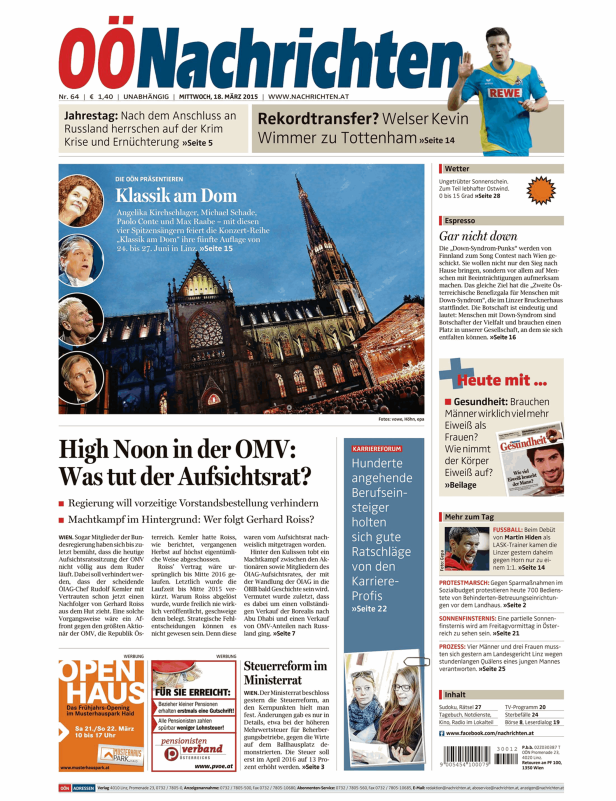 Titelseite der Oberösterreichischen Nachrichten vom 18. März 2015.