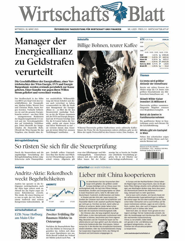 Titelseite des Wirtschaftsblatt vom 18. März 2015 mit Artikeln zu Wirtschaft und Finanzen.