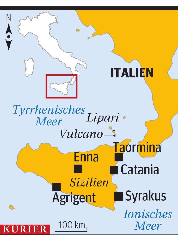 Eine Karte von Sizilien und dem südlichen Italien mit Städten wie Catania und Agrigent.