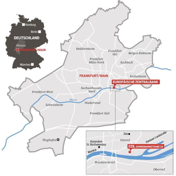 Eine Karte von Frankfurt am Main mit Hervorhebung der Europäischen Zentralbank.
