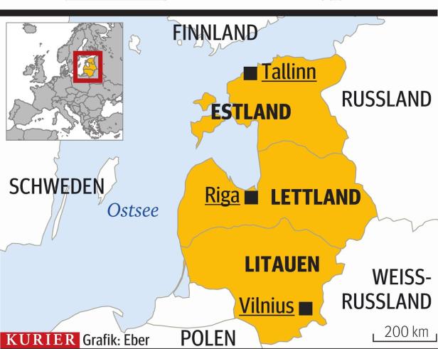 Eine Karte der baltischen Staaten Estland, Lettland und Litauen.