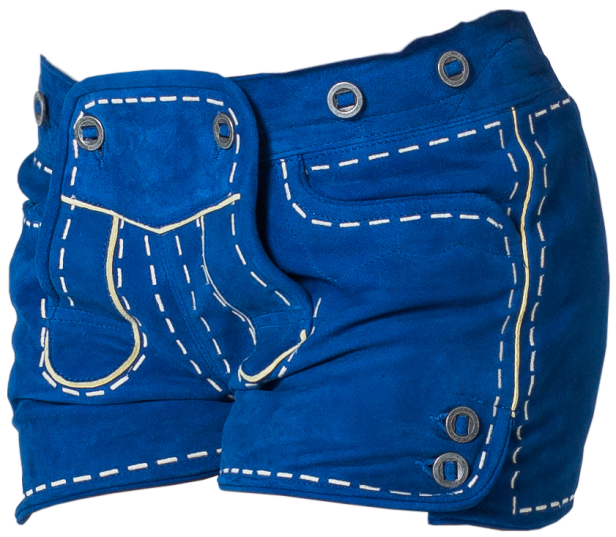 Eine blaue Lederhose mit weißen Ziernähten und silbernen Knöpfen.