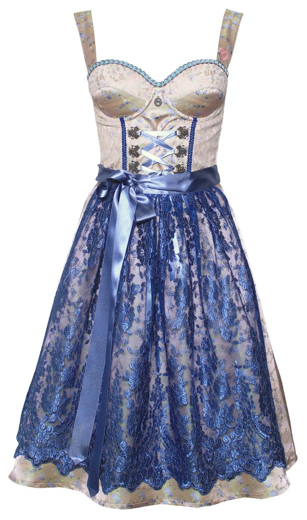 Ein blaues Dirndl mit Blumenmuster und einer Schleife in der Taille.