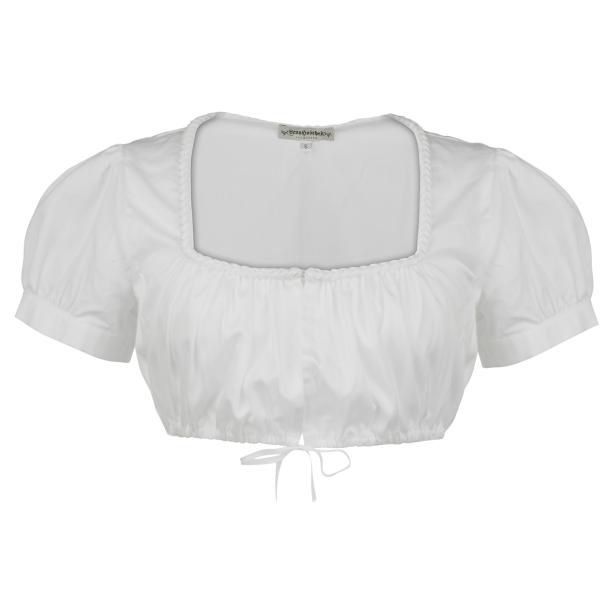 Eine weiße Bluse mit Puffärmeln und einem Schnürdetail vorne.