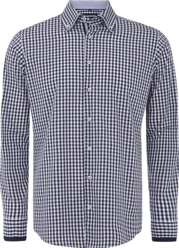 Ein blau-weiß kariertes Hemd mit Knöpfen.