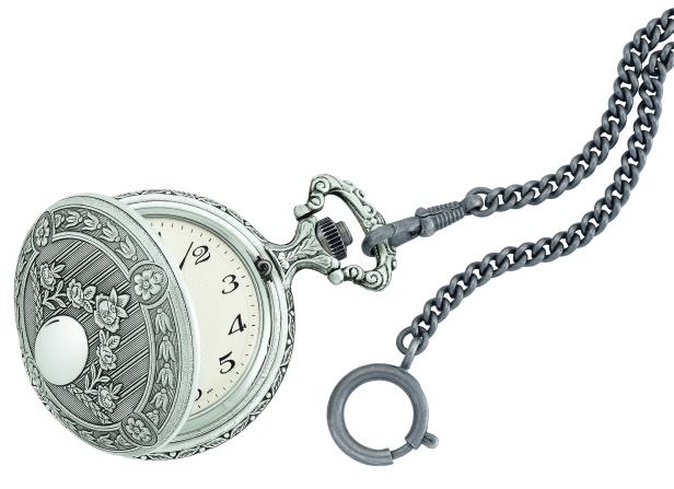 Eine silberne Taschenuhr mit floralem Muster und einer Kette.