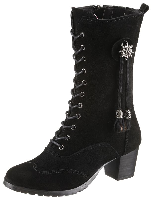 Ein schwarzer Schnürstiefel aus Wildleder mit Absatz und silberfarbenem Schmuckelement.