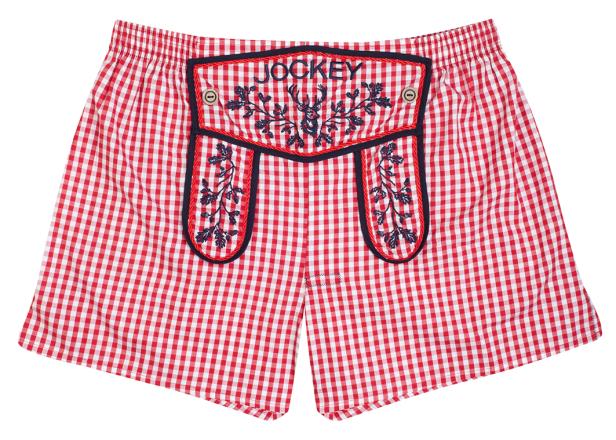 Eine karierte Boxershorts im Trachtenstil mit dem Schriftzug „Jockey“.