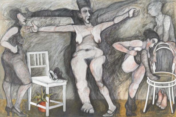 Eine expressive Zeichnung mit mehreren Figuren in einem undefinierten Raum.