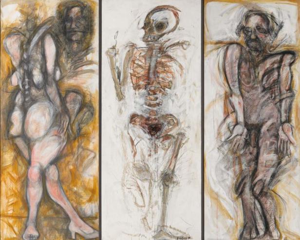 Ein Triptychon mit drei Aktfiguren: eine Frau, ein Skelett und ein Mann.