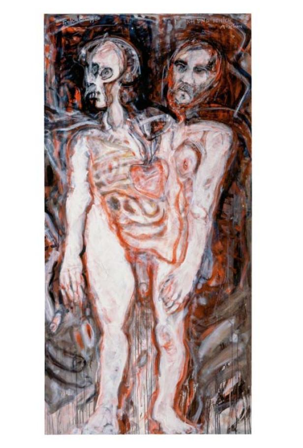 Ein Gemälde mit zwei Figuren, eine mit einem skelettartigen Gesicht und die andere mit einem Bart.