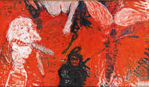 Ein expressionistisches Gemälde in Rot-, Weiß- und Schwarztönen mit Figuren.