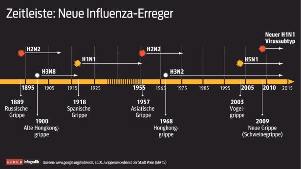 Eine Zeitleiste neuer Influenza-Erreger von 1889 bis 2015, inklusive der Spanischen Grippe und der Schweinegrippe.