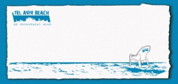 Eine Illustration des Tel Aviv Beach am Donaukanal in Wien mit einem leeren Stuhl am Strand.