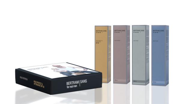 Verschiedene Produkte der Marke „Bertram Sans for real men“ für die Kopfhautpflege.
