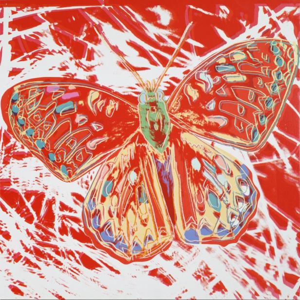 Ein roter Schmetterling mit bunten Akzenten auf einem abstraktem Hintergrund.