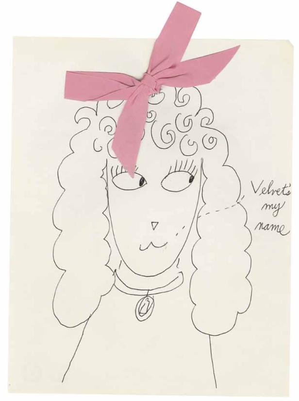 Eine Zeichnung eines Hundes mit lockigem Fell und einer rosa Schleife im Haar.