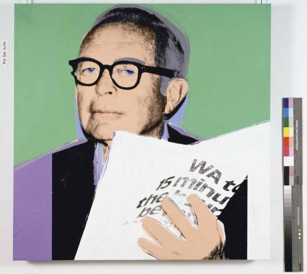 Ein Pop-Art-Porträt von John C. Wilson, der ein Blatt Papier mit der Aufschrift „15 minutes“ hält.