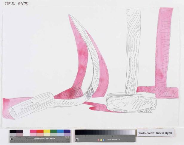 Eine Zeichnung von Werkzeugen, darunter ein Hammer und eine Sichel, mit rosa Akzenten.