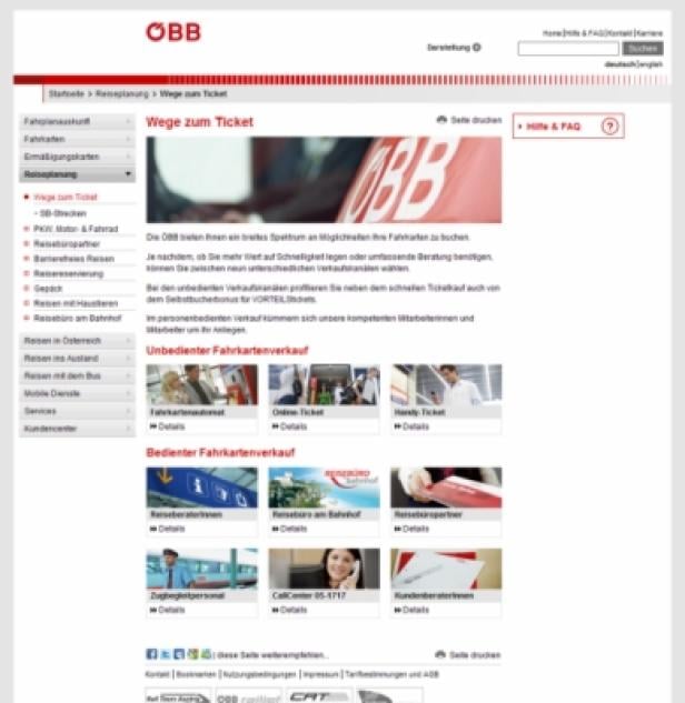 Die Webseite der ÖBB (Österreichische Bundesbahnen) zum Thema Ticketkauf.