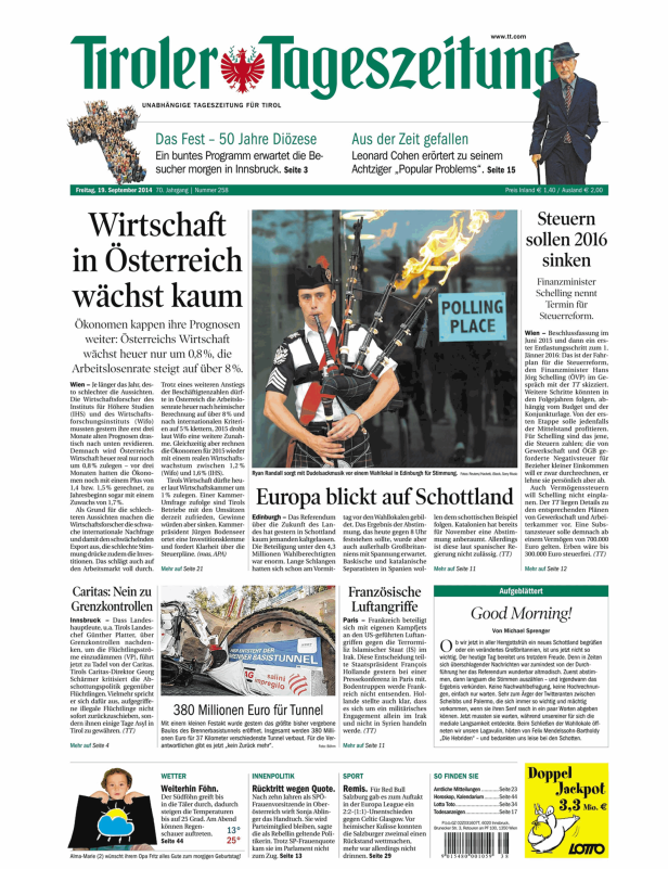 Titelseite der Tiroler Tageszeitung vom 19. September 2014.