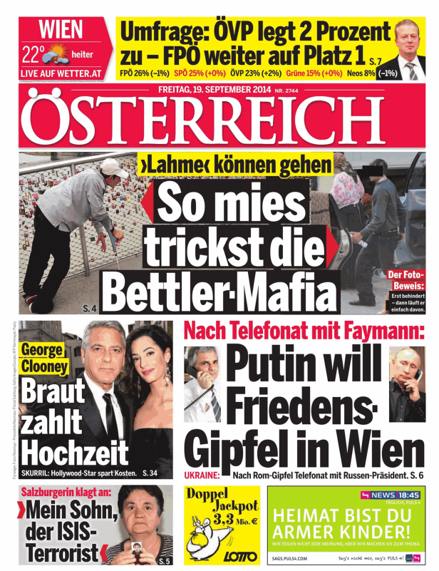 Titelseite der österreichischen Zeitung „Österreich“ vom 19. September 2014.